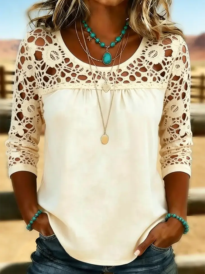 Camisa vaquera informal holgada de color liso con encaje para mujer