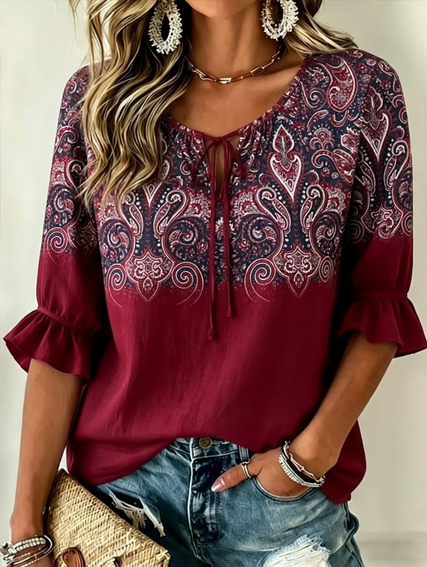 Camisa casual vintage de mujer con estampado de flores y patchwork
