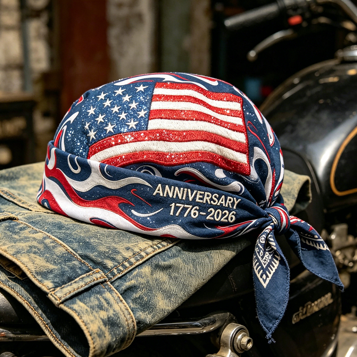American anniversary art and fashion pirate hat, cycling headscarf, motorcycle rider cool headgear, cool brimless beanie, helmet lining