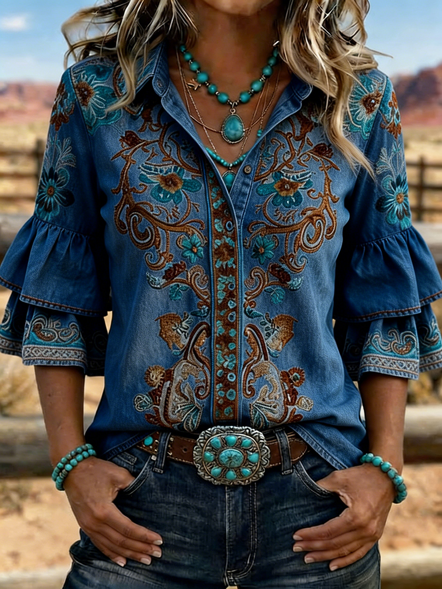 Women's Western Floral Embroidered Denim Bell Sleeve Shirt