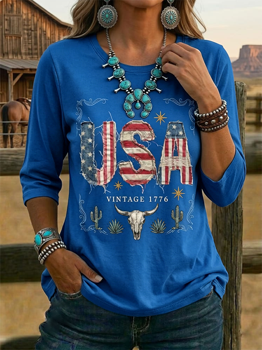 Top informal vintage para mujer con estampado de EE. UU. y manga tres cuartos