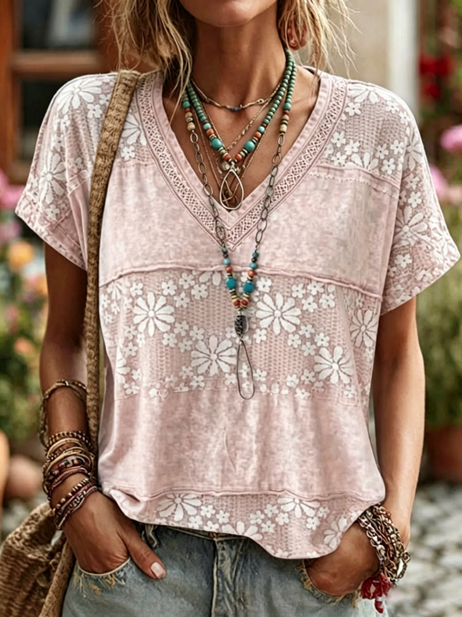 Women'S Casual Short-Sleeve  Floral  Print Cotton-Linen Top