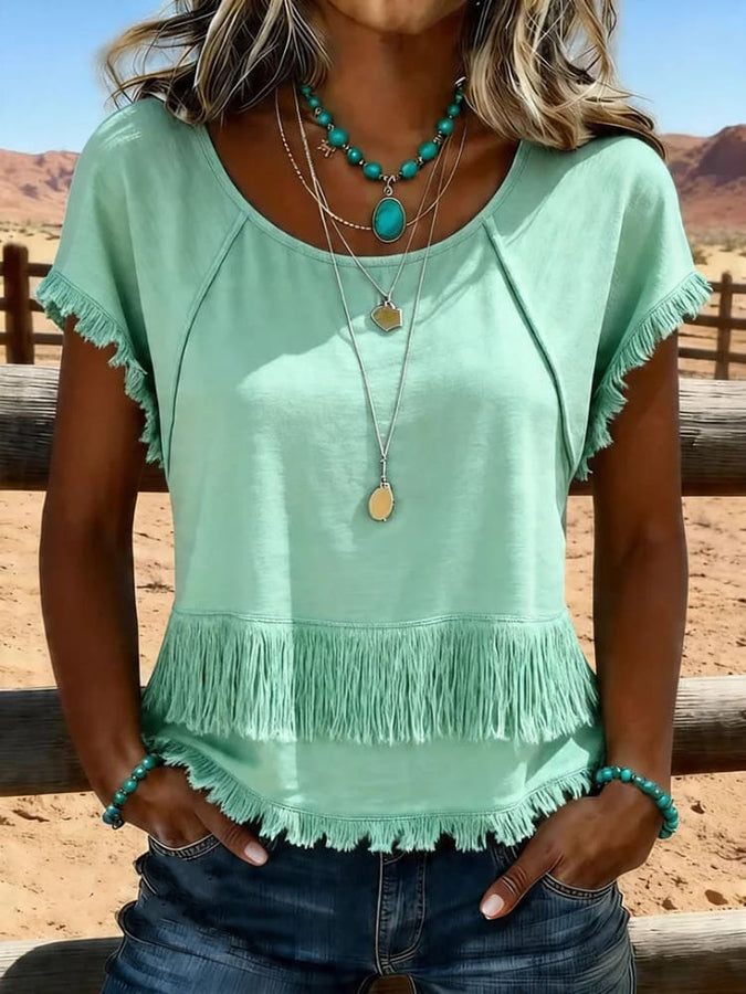 Camisa informal de mujer con borlas y diseño patchwork vintage