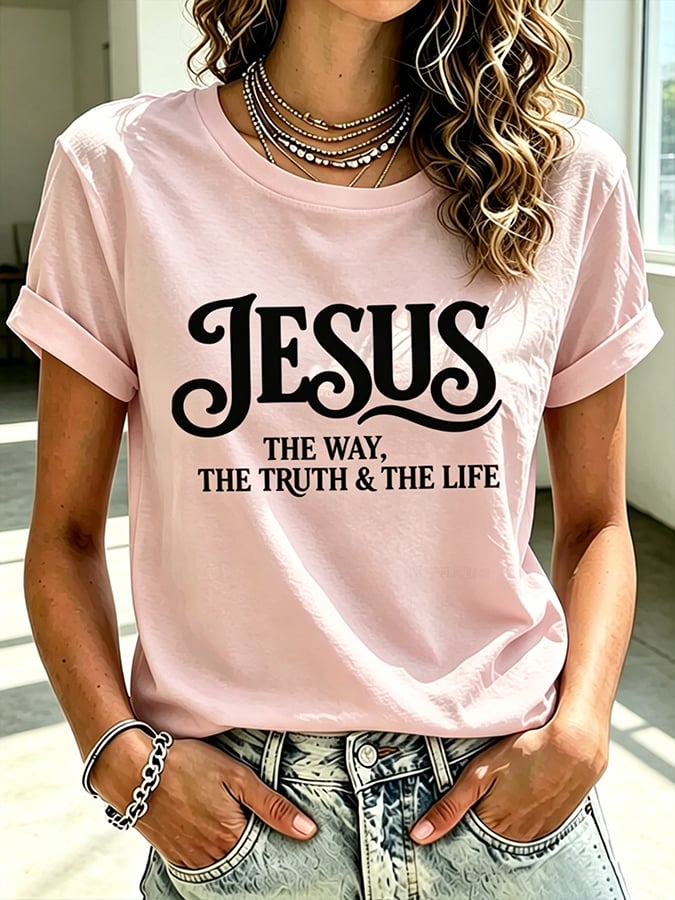 Parte superior estampada de fe con cruz para mujer: «Jesús, el camino, la verdad y la vida»