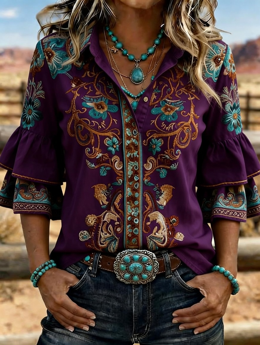 Camisa vaquera western para mujer con bordado floral y mangas acampanadas