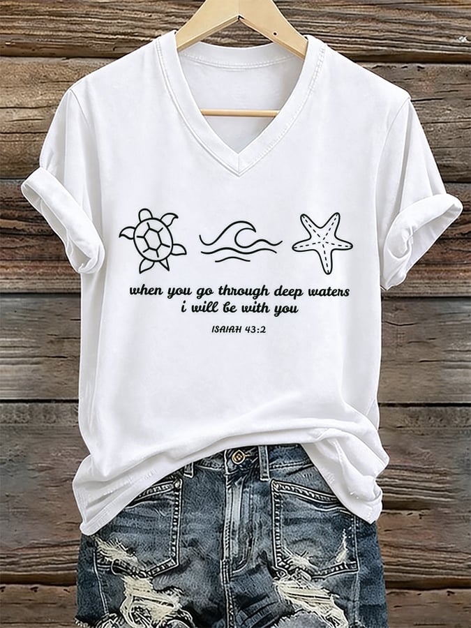 Damen Strandurlaub Und Freizeit Meeresschildkröte Wenn Du Durch Tiefe Gewässer Gehst Werde Ich Bei Dir Sein Glaube Bedrucktes T-Shirt