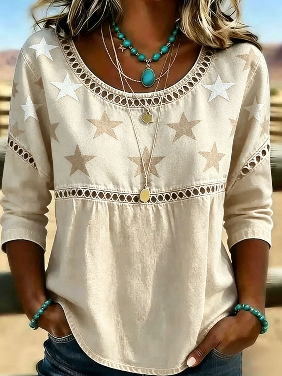 Top informal para mujer de algodón y lino, con cuello redondo y estampado