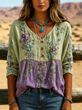 Women's Western Floral Print Faux-Linen Top