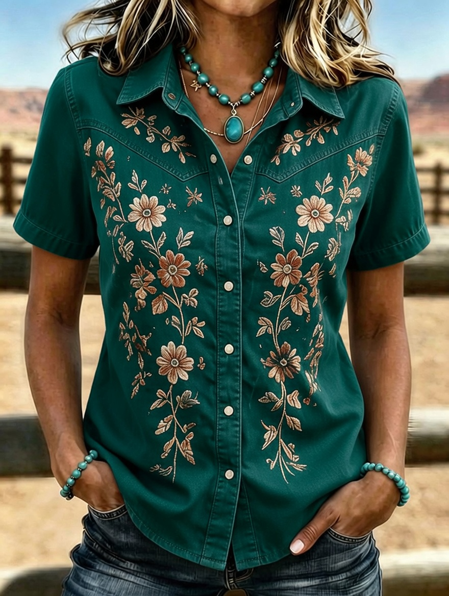 Camisa western de manga corta con bordado floral para mujer
