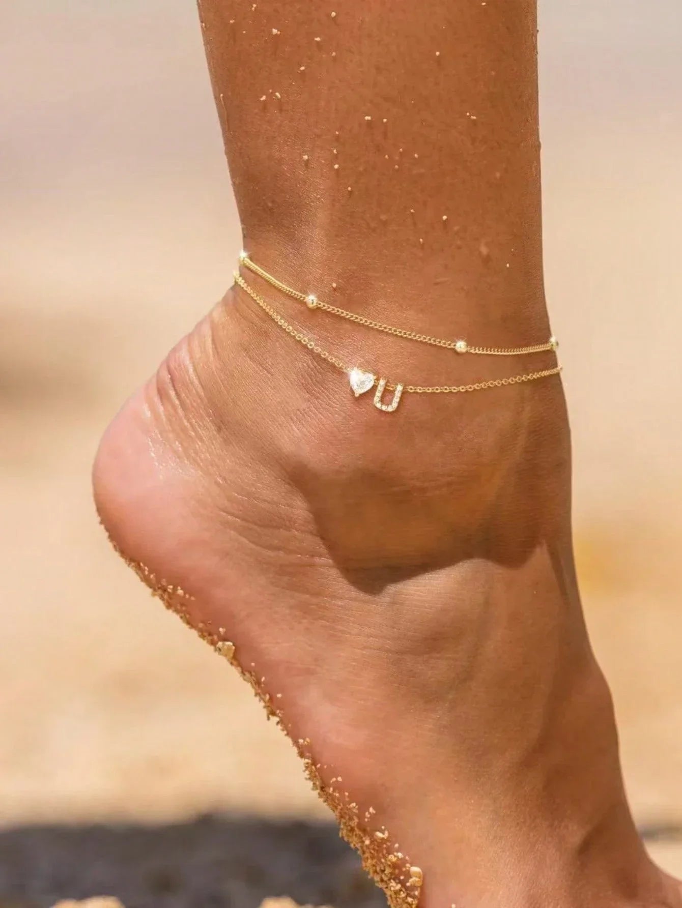 Gold Heart Charm Initial Anklet