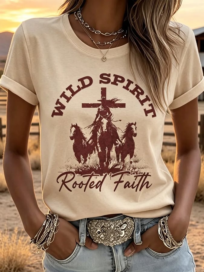 Women's 'Wild Spirit Rooted Faith' Print Casual T-Shirt