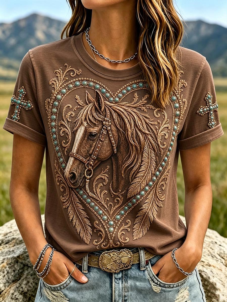 Women's Brown Short-Sleeve Western-Style T-Shirt with Turquoise Horse and Heart Design