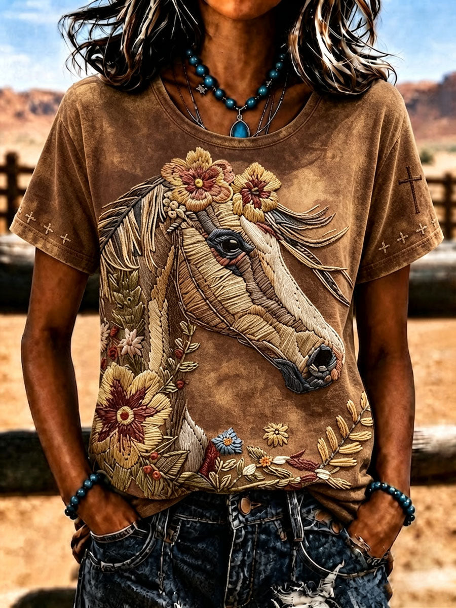 Damen-T-Shirt im Western-Stil mit Tiermotiv und Rundhalsausschnitt