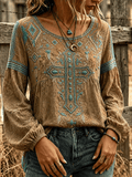 Women's Vintage-Style Western Print Top