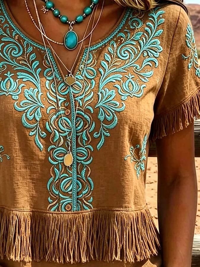 Women'S Casual Tassel Patchwork Printed Top