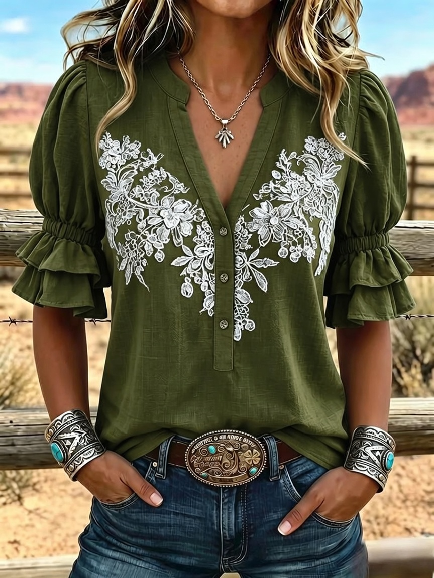 Camisa informal para mujer con estampado de arte vintage y mangas abullonadas