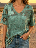 Women's Retro Western Print V-Neck Top