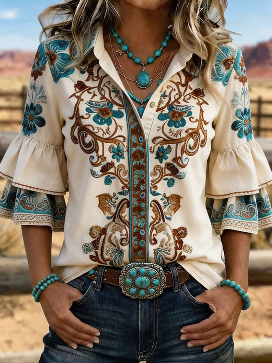 Camisa vaquera western para mujer con bordado floral y mangas acampanadas