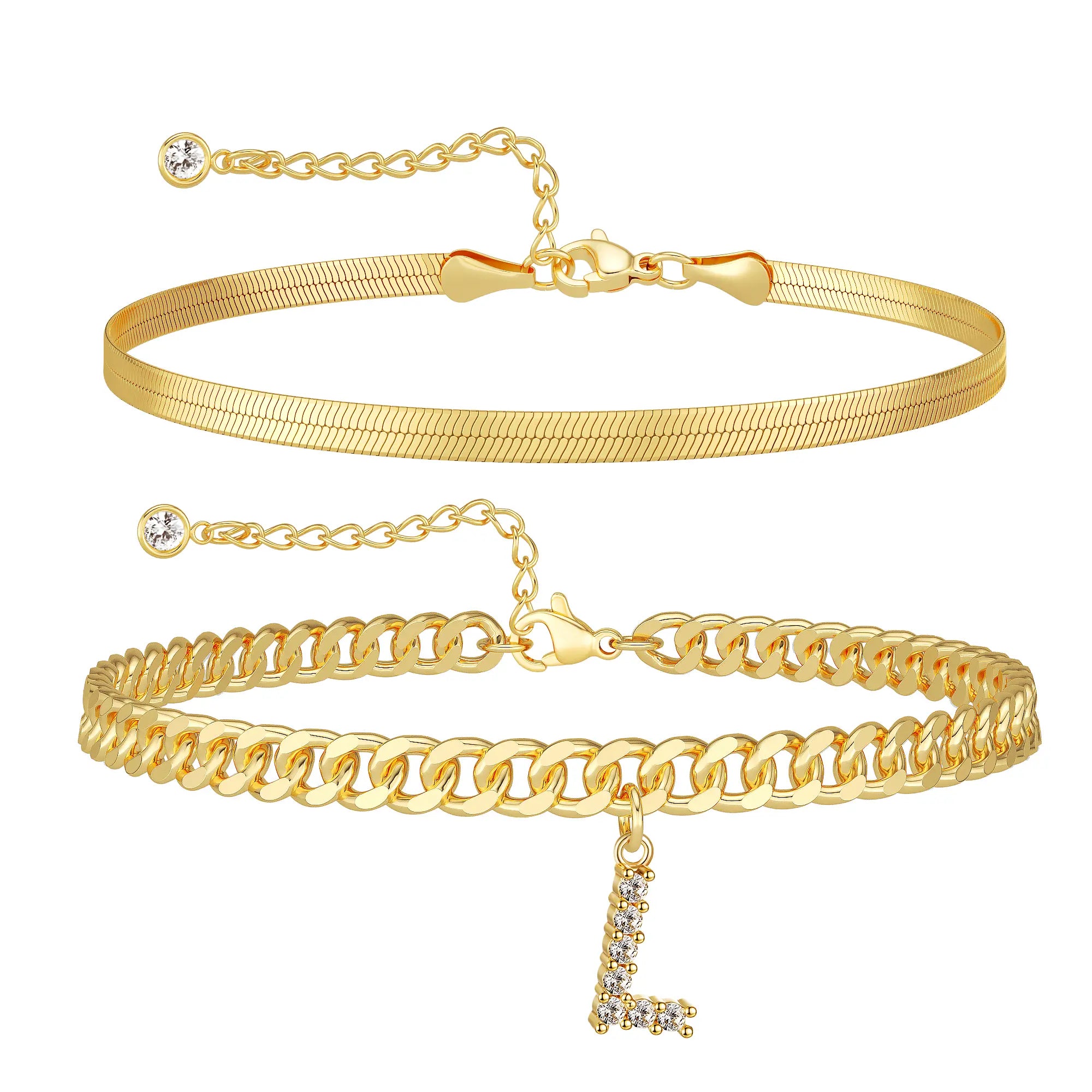 Women's Gold Stackable Anklet Set with Letter Pendant