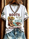 Women's Boots Bible Blessings Turquoise Cross Leopard Print short-sleeved T-shirt