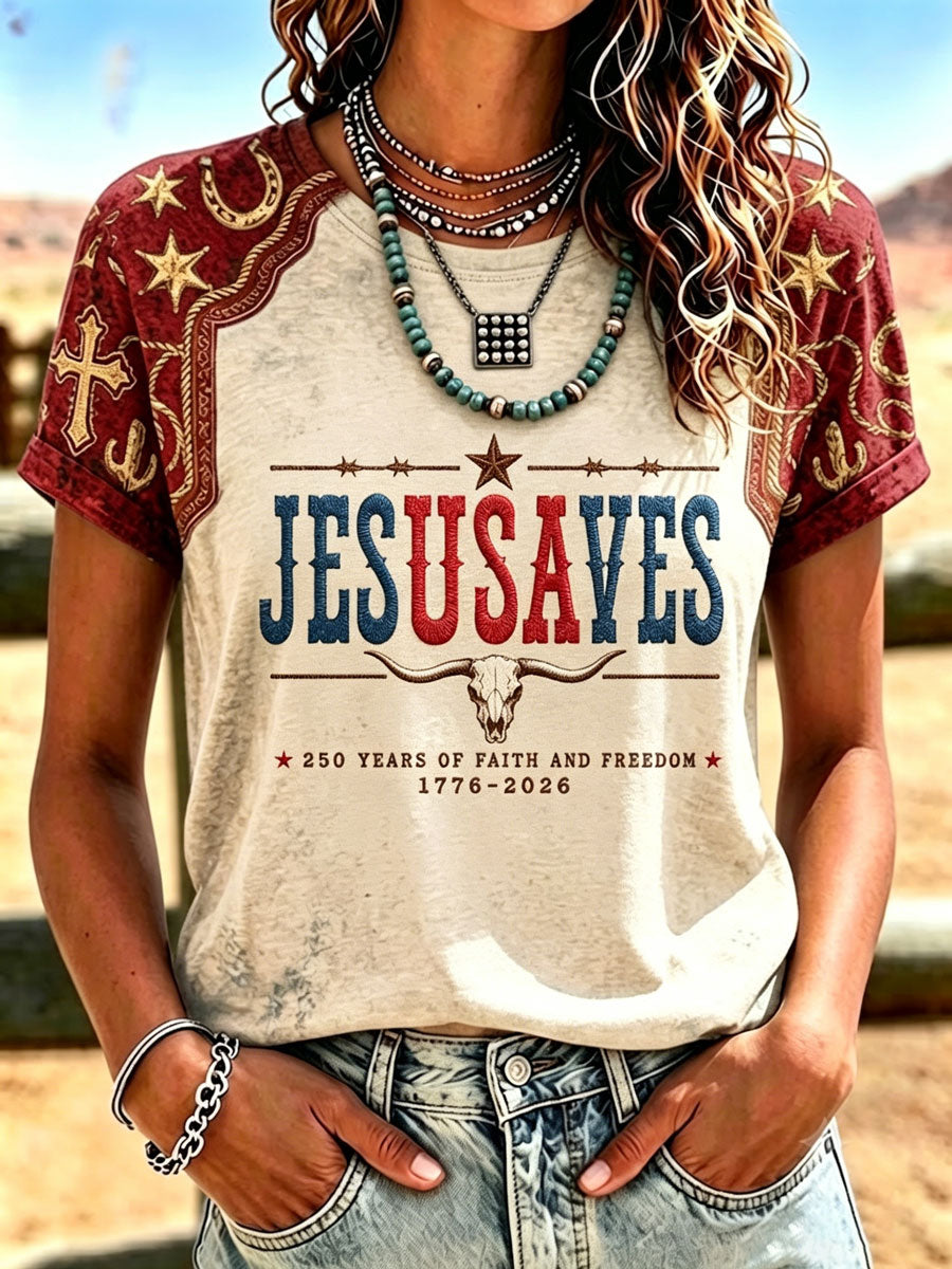 Camiseta retro de estilo western con estampado de fe para mujer