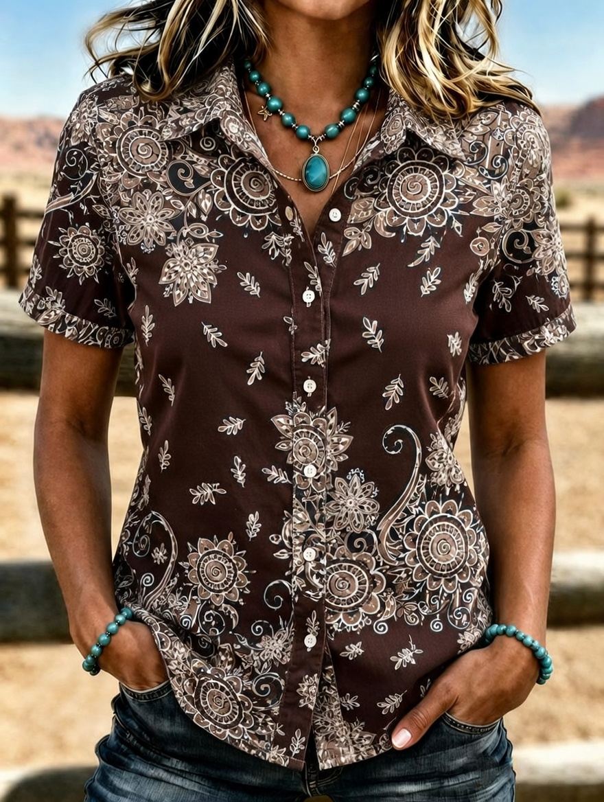 Camisa abotonada de manga corta de mujer con estampado floral étnico retro vintage de estilo vaquero y solapa