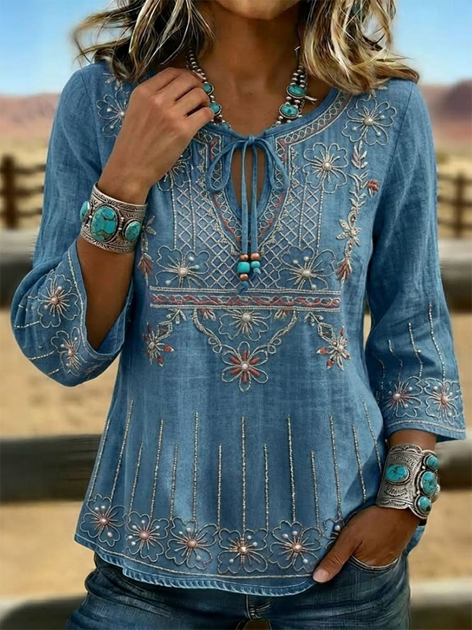 Top western vintage para mujer con estampado floral y corte entallado