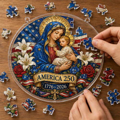 Adorno colgante de rompecabezas de acrílico America 250: decoración patriótica para ventana estilo vidriera con la Virgen María y el Niño Jesús, recuerdo conmemorativo, regalo, 1776–2026