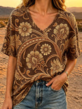Women's Retro Western Print V-Neck Top