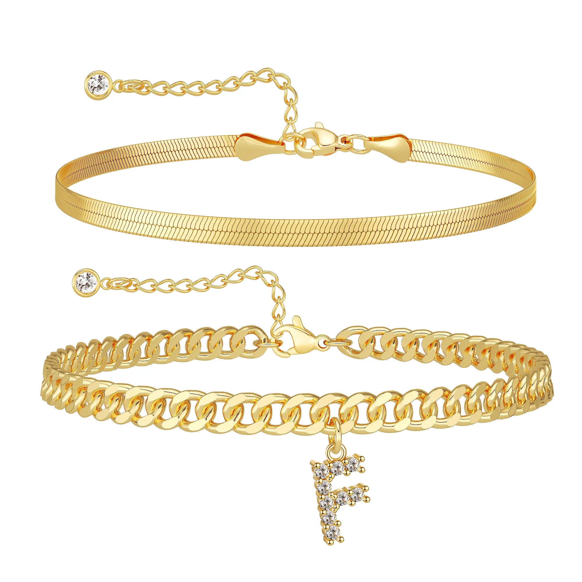 Women's Gold Stackable Anklet Set with Letter Pendant
