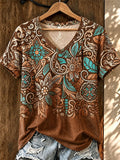 Women'S Retro Western Style Faith Printed V-Neck T-Shirt