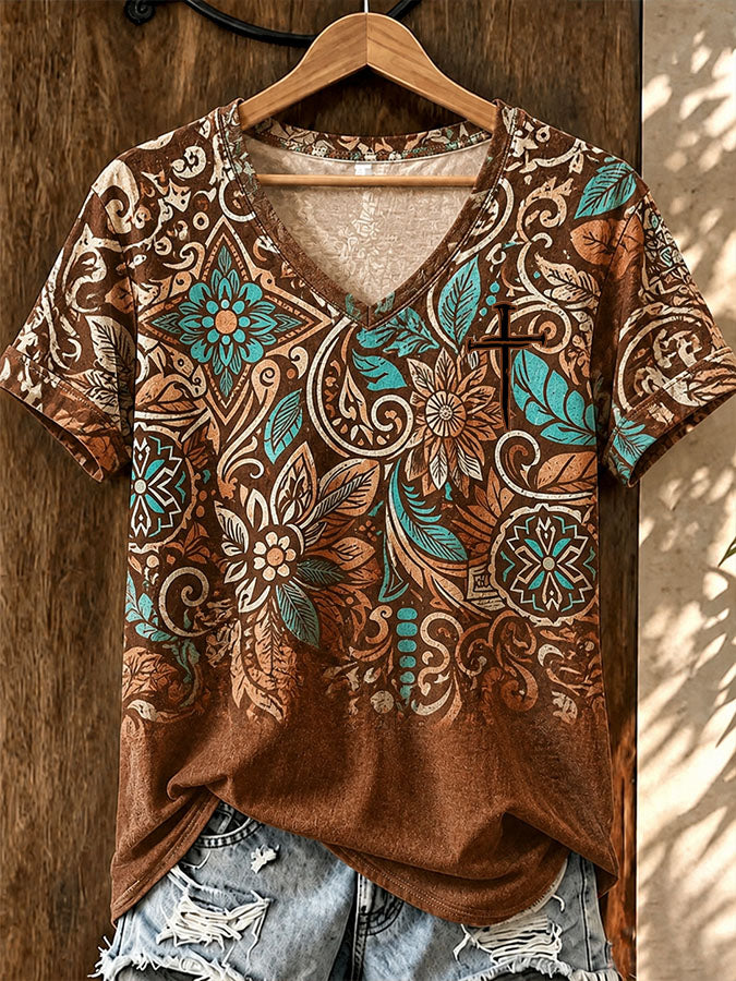 Women'S Retro Western Style Faith Printed V-Neck T-Shirt