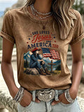 Damen T-Shirt im Westernstil mit amerikanischer Flagge, „Love Jesus And American“, lässigem Rundhalsausschnitt