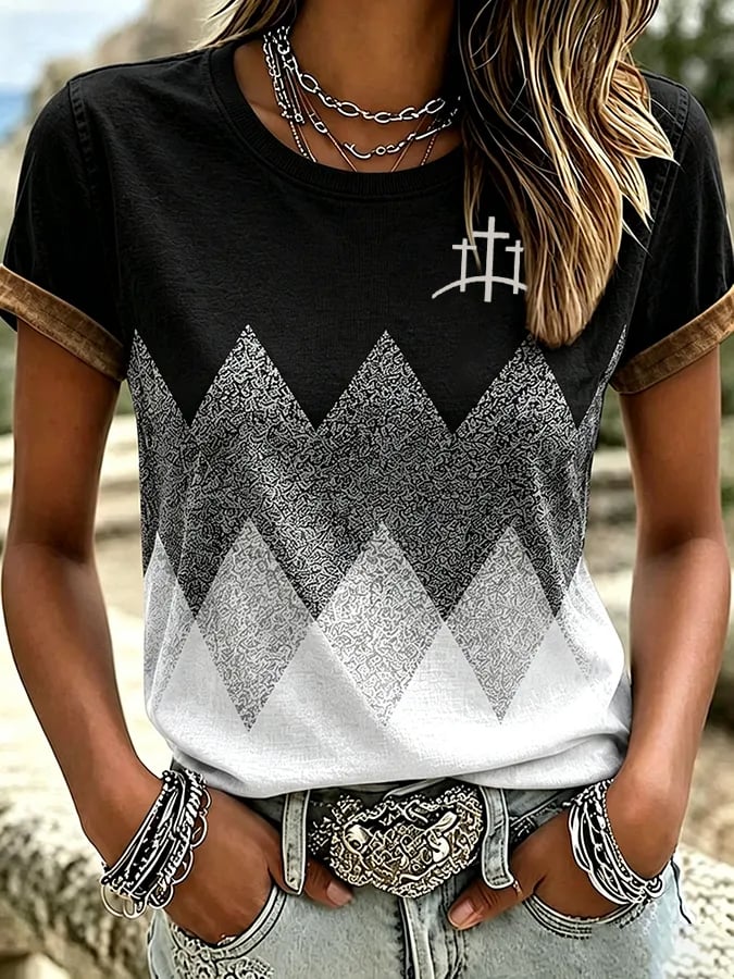 Camiseta de cuello redondo con estampado degradado de fe y arte ecuestre western para mujer