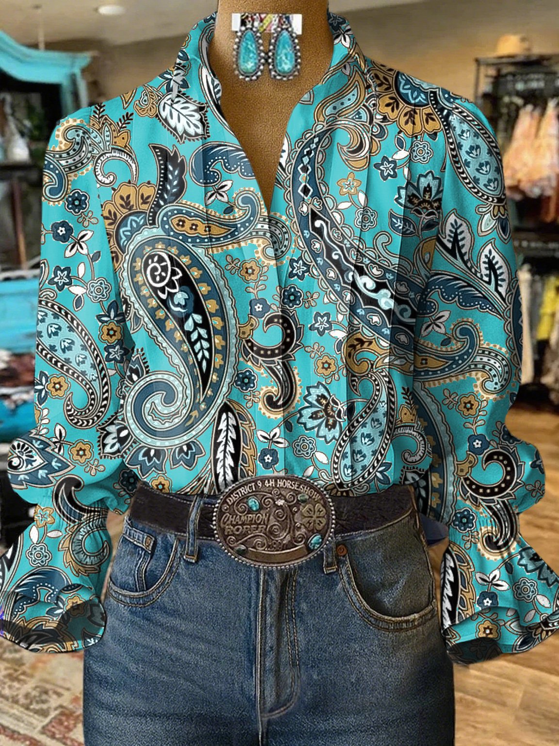 Camisa casual vaquera de mujer con mangas abullonadas y estampado