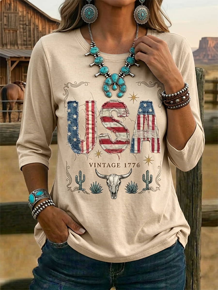 Top informal vintage para mujer con estampado de EE. UU. y manga tres cuartos