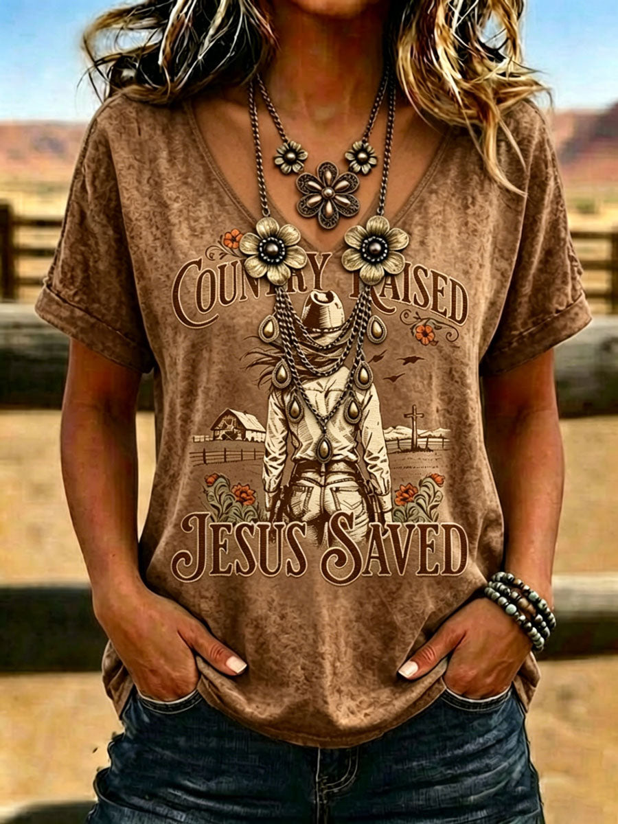 Camiseta retro de cuello en V con estampado de fe de estilo western para mujer