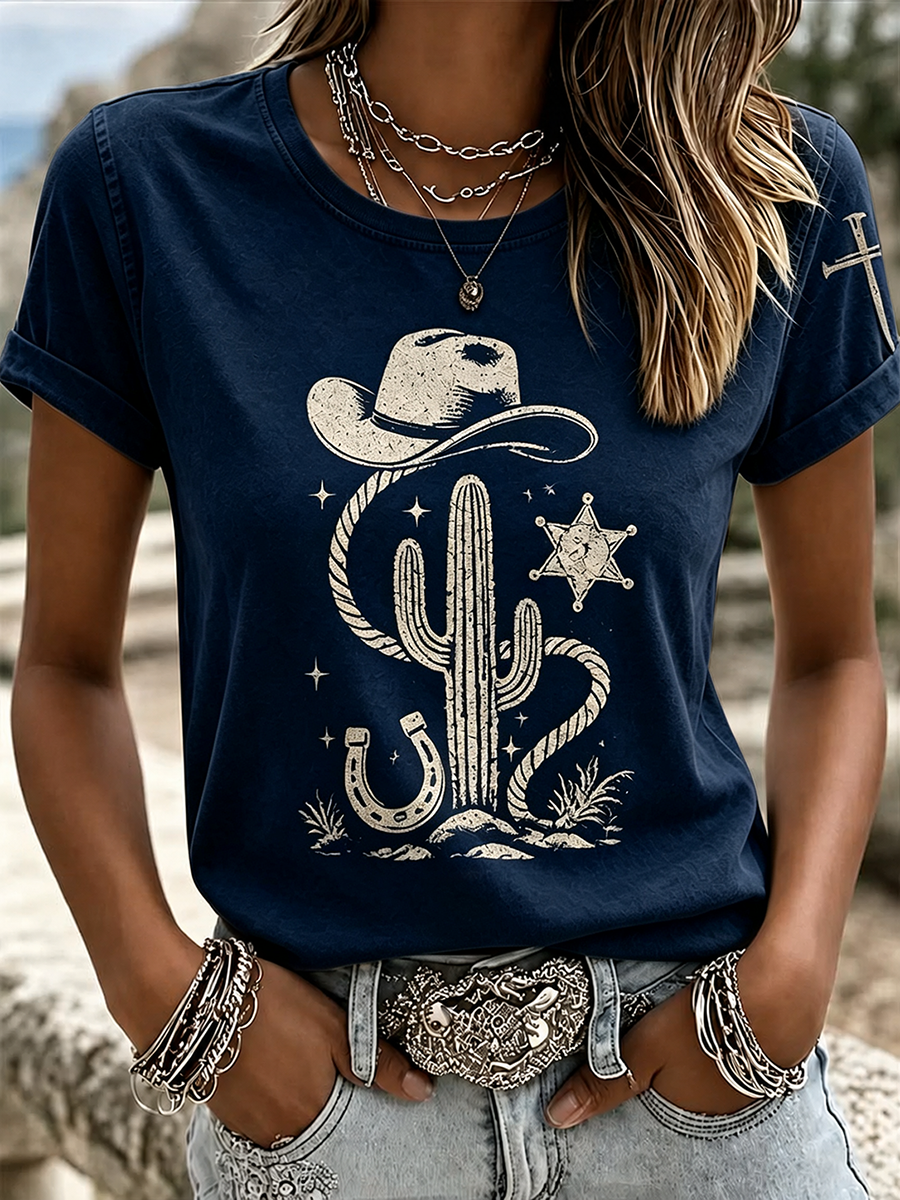 Camiseta de mujer con estampado en las mangas de sombrero vaquero retro, cactus, estrella, lazo y cruz