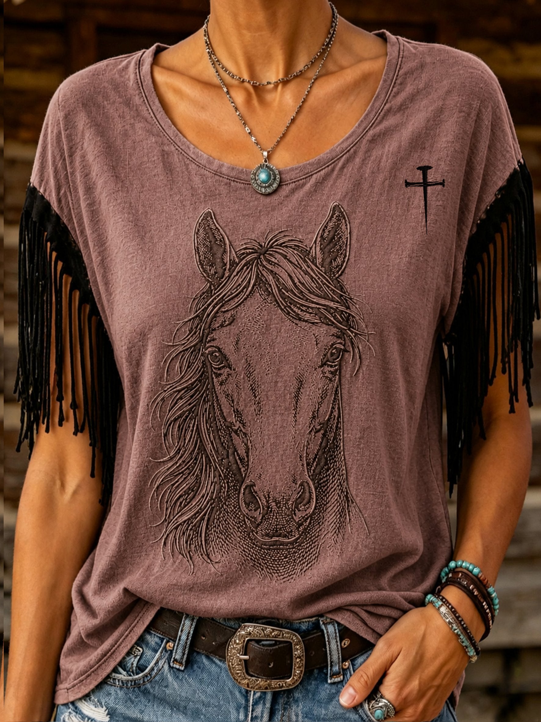 Top retro con cuello redondo, estampado de caballo y borlas para mujer
