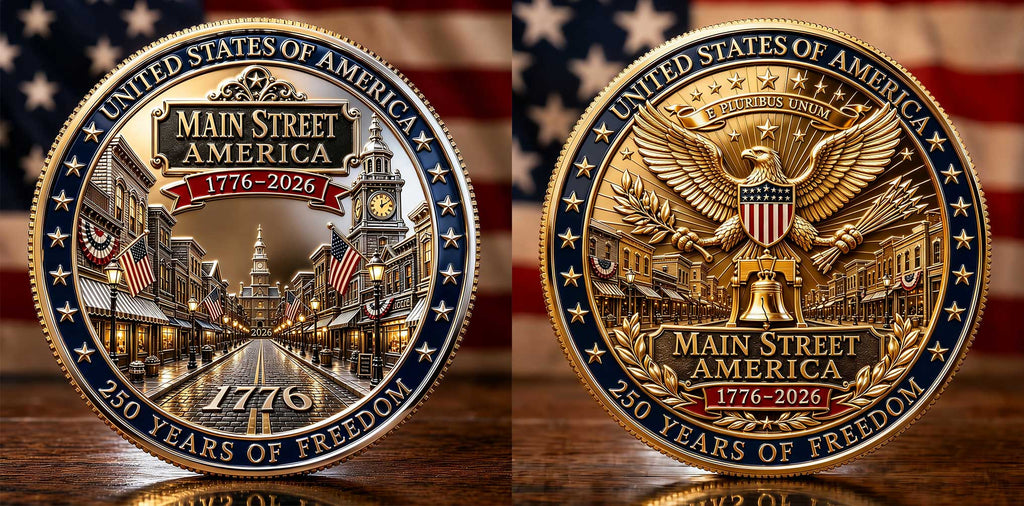 Main Street America 1776–2026 250th Anniversary Commemorative Coin | Double-Sided Patriotic Eagle & Liberty Bell Collectible Coin