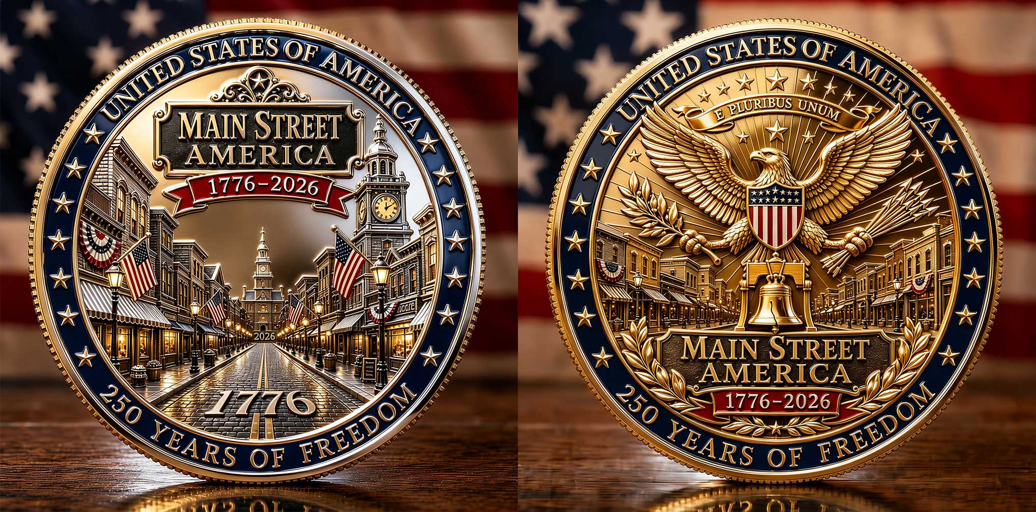 Main Street America 1776–2026 250th Anniversary Commemorative Coin | Double-Sided Patriotic Eagle & Liberty Bell Collectible Coin