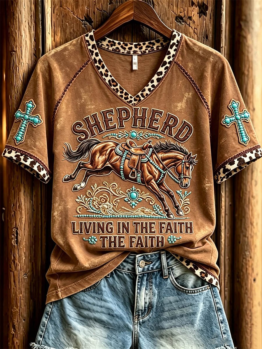 Women's Western Horse Turquoise Leopard Print V-Neck T-Shirt
