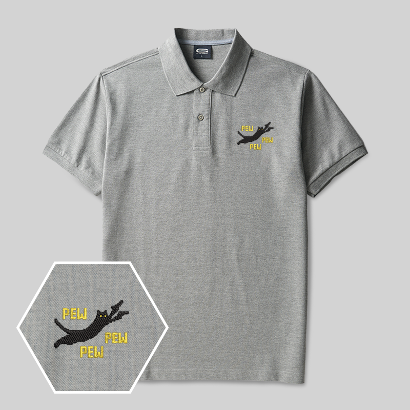 Pew Pew Pew Cat Geek Embroidered Polo Shirt