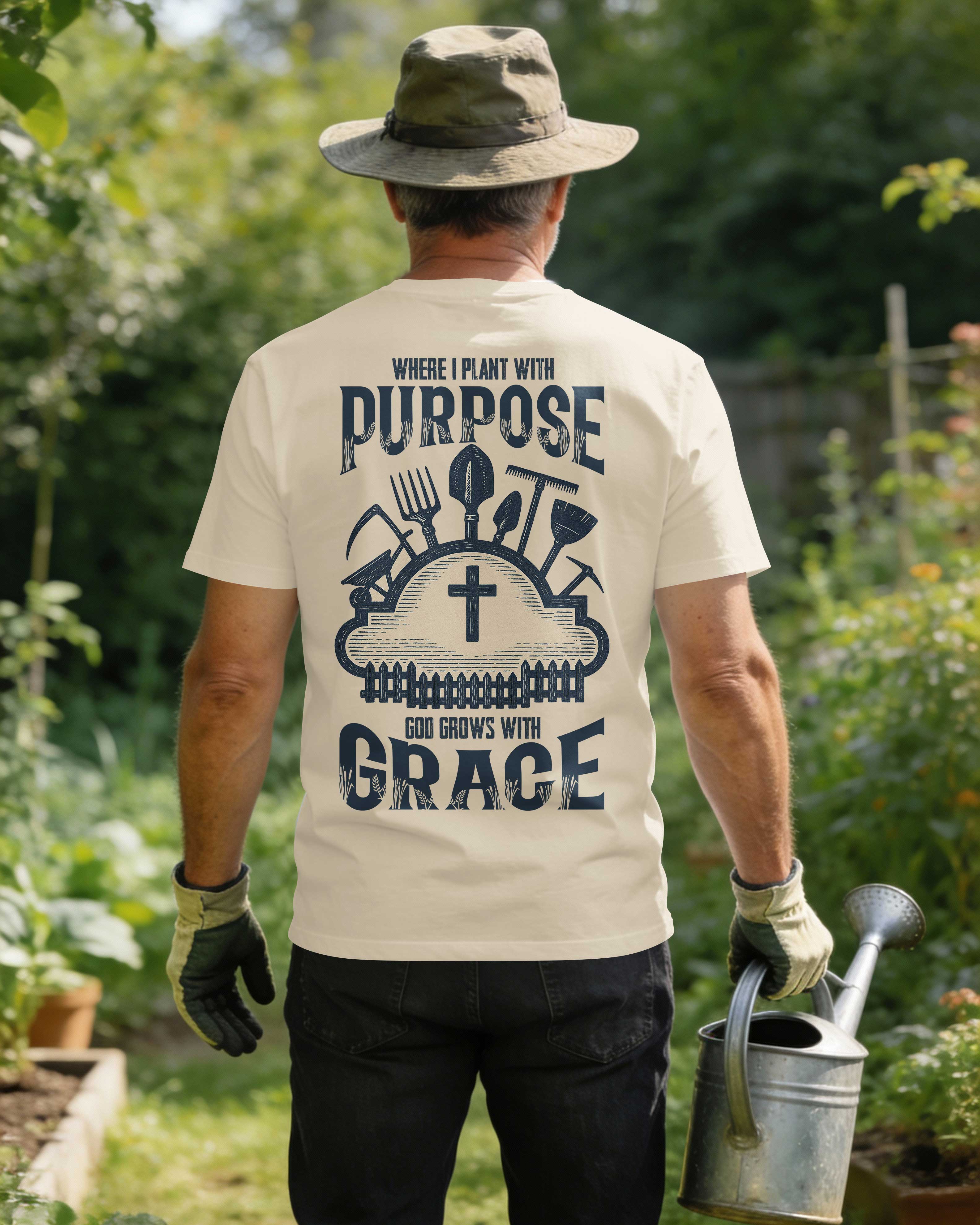 T-shirt « Je plante avec détermination, Dieu fait pousser avec grâce »