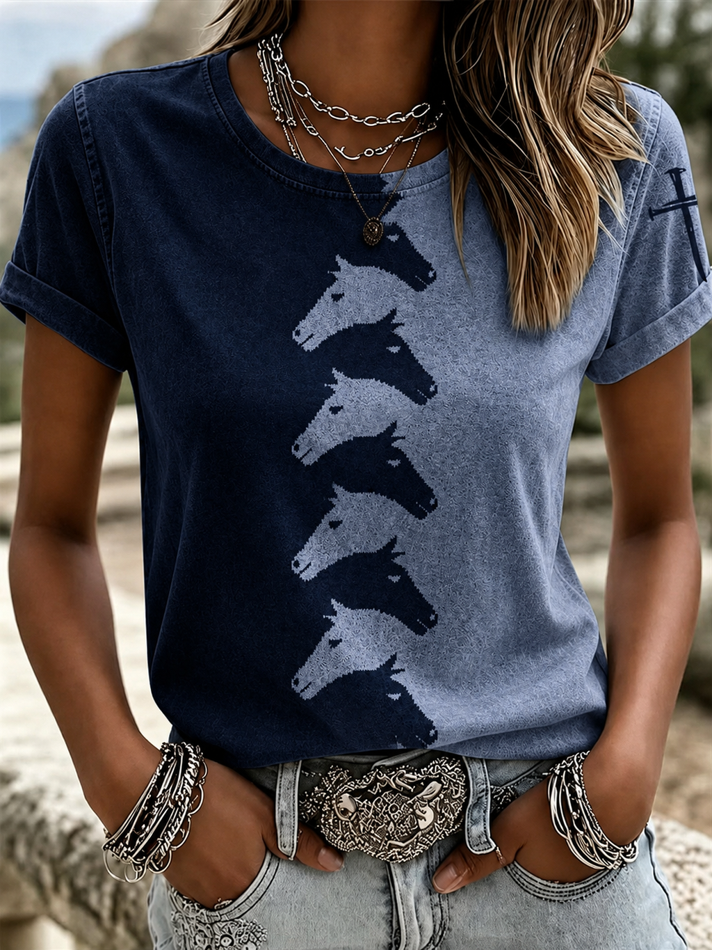 Women'S Western Style Animal Cross Round Neck T-Shirt