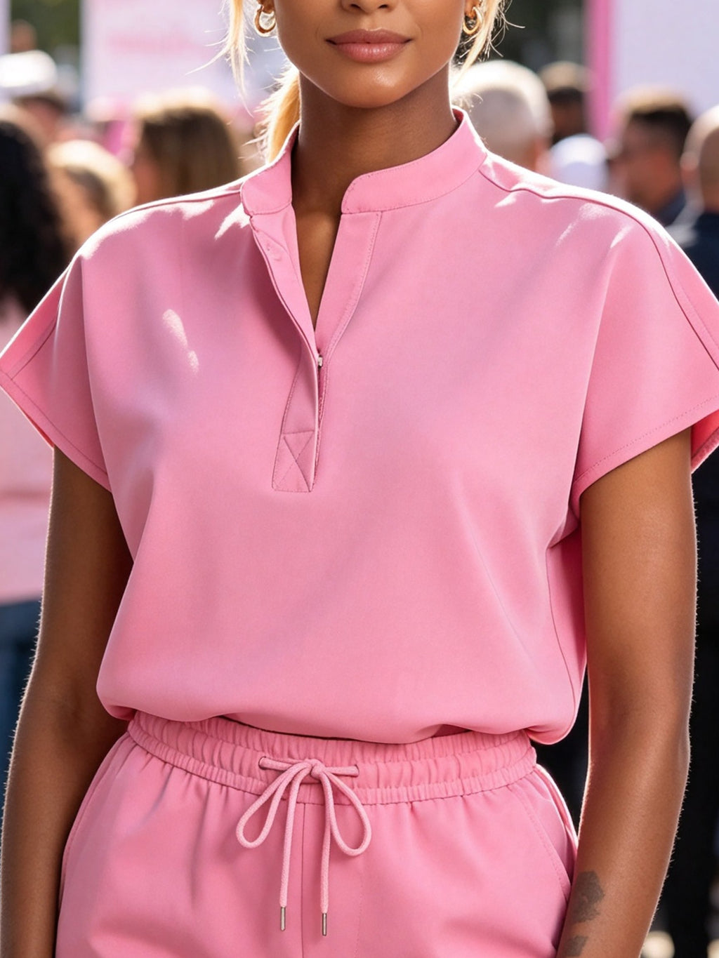 Women's Breast Cancer Awareness Oversized Scrub Top Chalk Pink Blouse