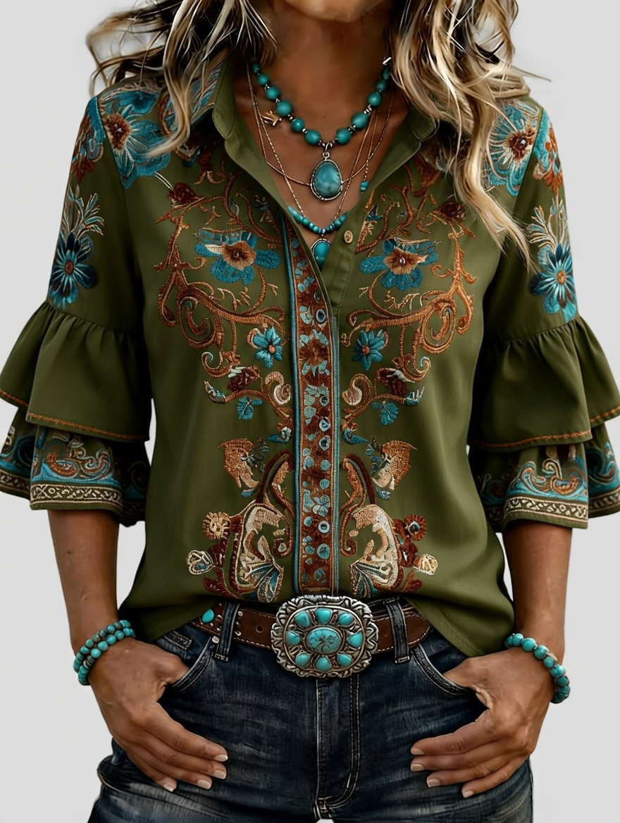 Camisa vaquera western para mujer con bordado floral y mangas acampanadas