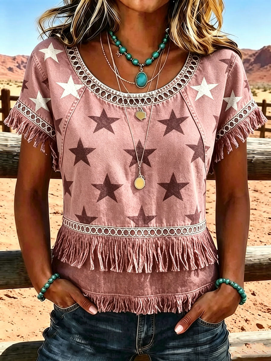 Damen 250. Jubiläum Amerikanisches Vintage Western-Hemd im lässigen Stil mit Fransen-Spleißung