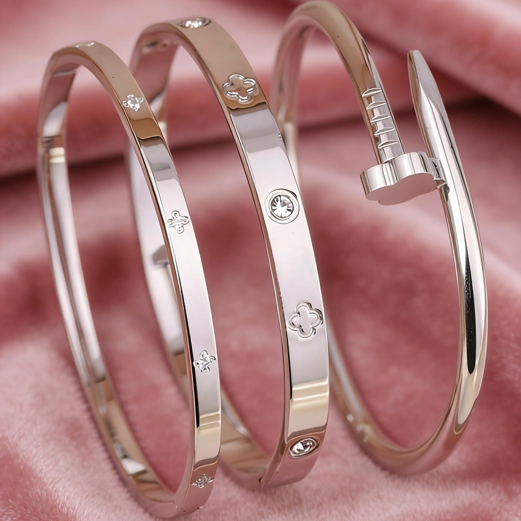Women's Stainless Steel Flower Nail Design Bracelet Set