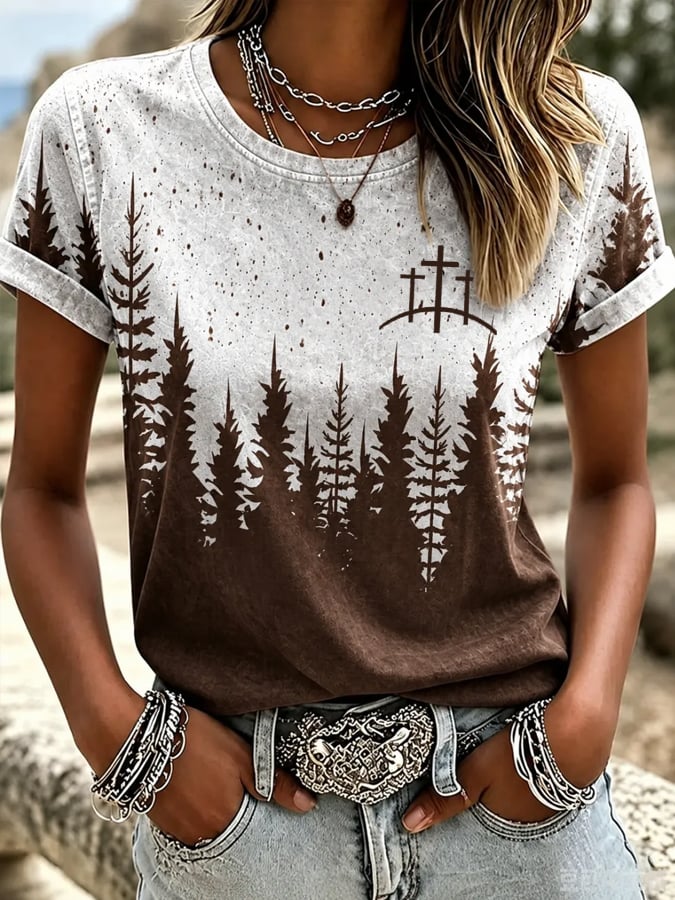Women'S Western Horse Art Faith Gradient Printed Round Neck T-Shirt